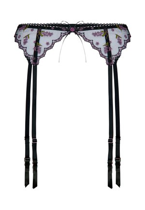 Porte-jarretelles en dentelle noire avec broderie florale violette, bords festonnés, un nœud central et quatre bretelles noires réglables.