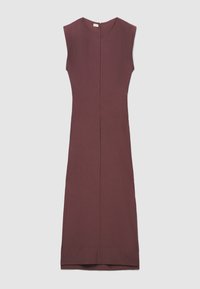 Robe midi mauve à silhouette droite, sans manches, col en V, et fermeture éclair dissimulée au dos. Tissu lisse sans motifs visibles.