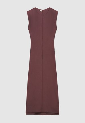 Abito midi malva con silhouette dritta, design senza maniche, scollo a V e zip invisibile sul retro. Tessuto liscio senza motivi visibili.