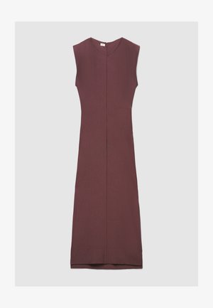 Abito midi malva con silhouette dritta, design senza maniche, scollo a V e zip invisibile sul retro. Tessuto liscio senza motivi visibili.