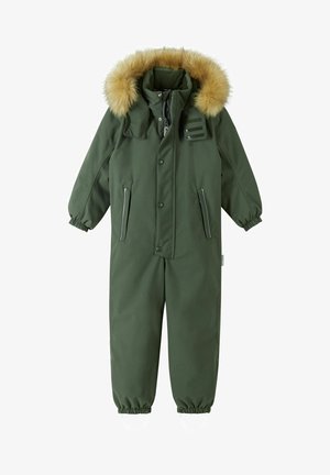 Groene geïsoleerde sneeuwoverall met een nep-leren capuchon, ritszakken, elastische manchetten en verstelbare banden bij de voeten voor een stevige pasvorm.