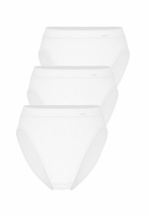 Three white high-waist cotton briefs stacked vertically, each with a smooth waistband and subtle brand logo on the left side.