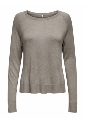 Pull long beige clair à manches longues avec un col rond, un bord côtelé et des fentes latérales. Matière douce avec une texture lisse et une coupe légèrement décontractée.