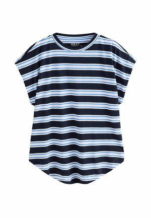 Kurzärmeliges T-Shirt mit navyblauen, weißen und hellblauen horizontalen Streifen und rundem Halsausschnitt.