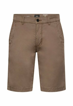 Bruine knie-lange herenshorts met ceintuurlussen, knopen aan de voorkant, ritssluiting en zijzakken, afgebeeld tegen een witte achtergrond.