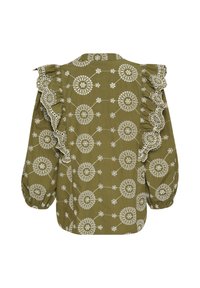 Olivgrön blus med vit cirkulär blommig broderi, långa puffärmar och volangspets längs axelsömmarna.