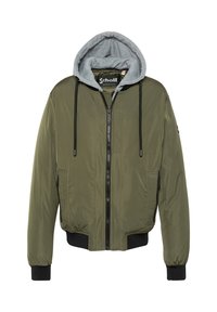 Olivgrüne Bomberjacke mit grauem Kapuzenfutter, gerippten Bündchen und Saum, Vorderreißverschluss und zwei Seitentaschen.