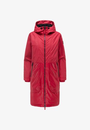 Giacca lunga rossa con cappuccio, cerniera frontale, due tasche con cerniera e polsini elasticizzati.