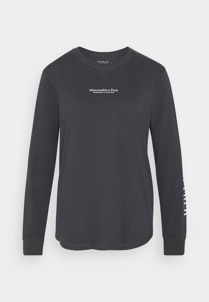 Langærmet sort bomulds T-shirt med rund hals, der har hvid tekstlogo på bryst og ærme. Enkel design, ingen mønstre eller detaljer.