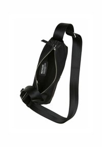 Schwarze Umhängetasche aus recyceltem Stoff mit Reißverschluss, verstellbarem Riemen und glattem Innenraum. Entworfen für Praktikabilität und Benutzerfreundlichkeit.