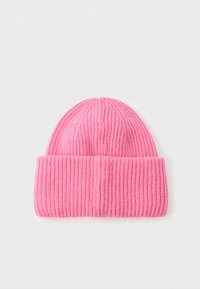 Ροζ ριμπ πλεκτό σκουφάκι με διπλωμένο ρεβέρ, που διαθέτει μαλακή υφή και πλεκτό σχέδιο. Ο σχεδιασμός είναι απλός και καθημερινός.