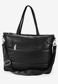 Bolso tote de cuero negro con un diseño estructurado y acolchado. Cuenta con asas dobles, una correa de hombro desmontable y un bolsillo frontal con cremallera.