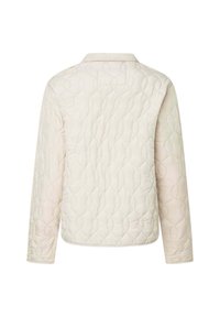 Světlá béžová prošívaná bunda s klasickým límcem, dlouhými rukávy a strukturovaným vzorem připomínajícím propojené ovály.