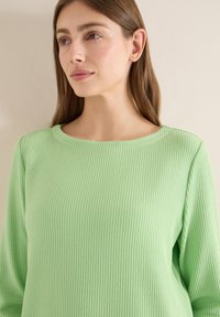 Hellgrüner gerippter Strickpullover mit rundem Ausschnitt und langen Ärmeln, der einen strukturierten Stoff und ein gleichmäßiges Strickmuster zeigt.
