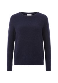 Maglione blu navy realizzato in un morbido e peloso tessuto. Presenta un collo rotondo e maniche lunghe, con una vestibilità comoda e cuciture minime.