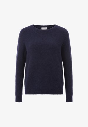 Mørkeblå sweater lavet af blødt, fuzzy stof. Har rund halsudskæring og lange ærmer, med en afslappet pasform og minimalt syede sømme.