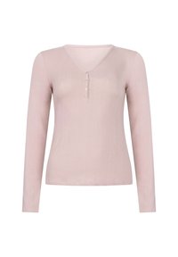 Lichtroze lange mouwen gebreide top met V-hals en drie kleine knopen in het midden van de voorkant.