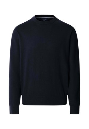 Tmavomodrý sveter s dlhými rukávmi, okrúhlym výstrihom a rebrovanými manžetami a lemom, označený značkou Hackett London.