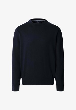 Maglione blu navy a maniche lunghe con collo rotondo, polsini e orlo a coste, etichettato Hackett London.