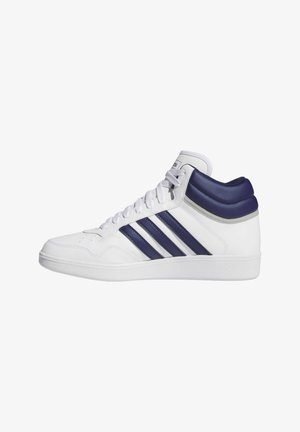 White high-top sneakers with navy blue and silver accents, featuring three stripe design, round toe, and textured rubber sole.