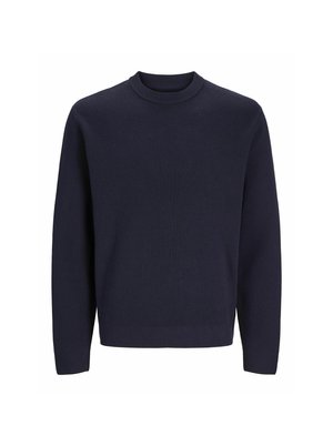 Pulover tricotat de culoare albastru marin, cu guler rotund și mâneci lungi. Are manșete și tiv cu nervuri. Textură netedă, design casual.
