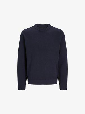 Tmavě modrý pletený svetr s kulatým výstřihem a dlouhými rukávy. Má žebrované manžety a lem. Hladká textura, ležérní design.