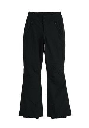 Schwarze Softshell-Skihose mit ausgestellten Beinen, zwei vorderen Reißverschlusstaschen, einem Doppelknopfverschluss an der Taille und verstärkten Knieeinsätzen.