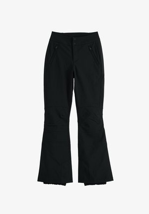Black softshell ski pants with flared legs, two zipped front pockets, a double-button waist, and reinforced knee panels.