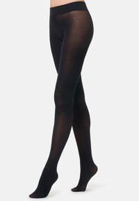 Collant neri opachi con una texture liscia, design senza cuciture e una cintola ampia, che si estende dalla vita alla caviglia.