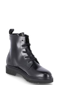 Black leather ankle boot with a rounded toe, lace-up front, and a thick rubber sole. Features a pull tab at the back and metal eyelets.