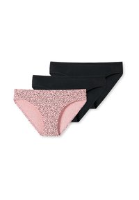 Drei Paare Damenunterwäsche: zwei schwarze und eines hellrosa mit einem gepunkteten Muster. Baumwollmaterial mit einer weichen Textur und standardmäßigem Schnitt.