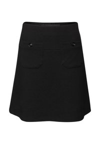 Černá sukně z texturované látky, áčkový střih, dvě přední kapsy s knoflíky a pasový lem. Vyznačuje se čistými liniemi a jednoduchým designem.