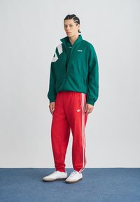 Mladý človek s vrkočmi, oblečený v zelenej zapínacej bunde, červených teplákoch Adidas a bielych teniskách, stojaci na modrom koberci.