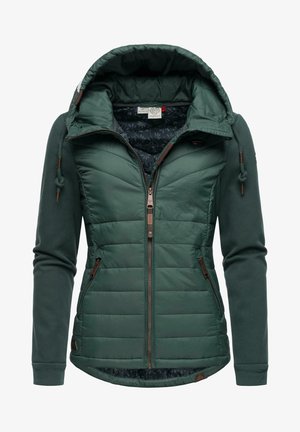 Grøn hættejakke med quiltet front, tætsiddende design, lynlås lukning og dekorativt indvendigt mønster. Har justerbare snore og beige accenter.