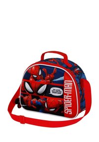 Bolsa temática de Spider-Man en rojo y azul, con gráficos de Spider-Man, cierre de cremallera, un asa corta y una correa larga ajustable.