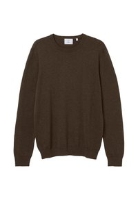 Pull marron à col rond en tissu doux, avec manches longues, poignets et ourlet côtelés, au design simple et uni.