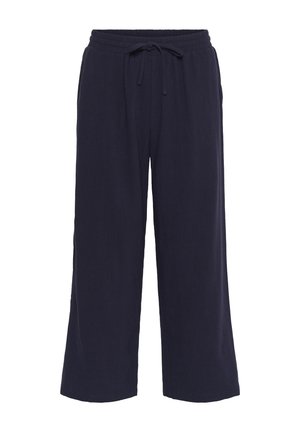 Navy blue wide-leg pants made of soft fabric with an elastic waist and drawstring, featuring a smooth texture and no visible patterns.