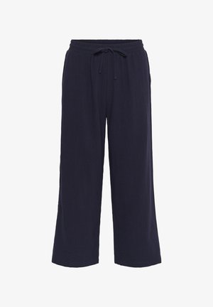 Navy blue wide-leg pants made of soft fabric with an elastic waist and drawstring, featuring a smooth texture and no visible patterns.