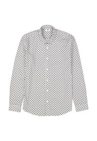 Camisa de botones, blanca con un patrón circular repetido en azul marino y gris. Presenta un cuello clásico y mangas largas, confeccionada en una tela ligera.