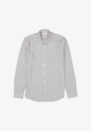 Overhemden met knoopsluiting, wit met een herhalend cirkelpatroon in marineblauw en grijs. Voorzien van een klassieke kraag en lange mouwen, gemaakt van lichtgewicht stof.