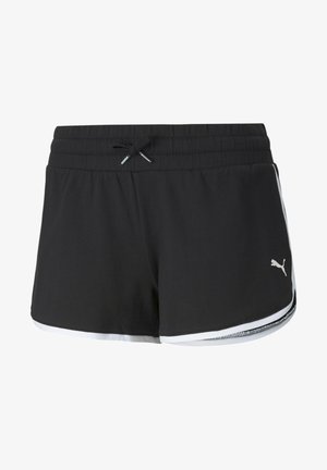 Czarne szorty sportowe z elastycznym paskiem i sznurkiem, białe boczne paski oraz małe srebrne logo na dolnej lewej części przodu. Miękka tkanina, lekka konstrukcja.