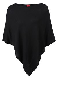 Haut style poncho noir en tissu léger, avec un large décolleté et une coupe fluide se terminant par un ourlet pointu, offrant une silhouette ample et drapée.