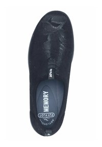 Black slip-on shoe with textured fabric upper, memory foam insole, and elastic detail. Features a round toe and a flexible sole design.