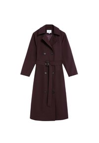 Trench coat burdeos con mangas largas, botones dobles, una cintura ceñida y un cuello clásico. Tela suave con un corte ajustado.