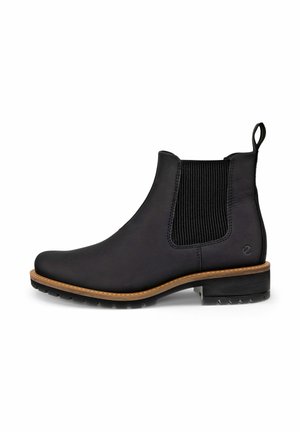 Schwarze Leder Chelsea-Stiefel mit elastischen Seitenpaneelen, runder Zehenpartie, braun genähtem Absatz, strukturiertem Gummi-Laufsohle und hinterer Schlaufe.