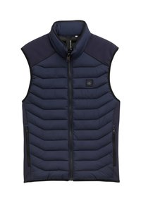 Veste matelassée sans manches bleu marine avec col montant, fermeture éclair à l'avant, poches latérales zippées et motif matelassé en forme de chevrons. Comprend des panneaux latéraux contrastants.
