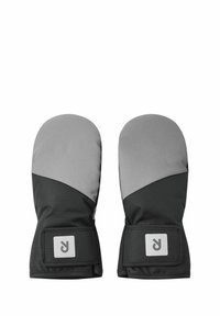 Schwarze und graue isolierte Fäustlinge mit einer weichen Textur. Sie verfügen über einen eng anliegenden Bündchen und ein Logo-Patch im Handgelenkbereich. Strapazierfähiges, witterungsbeständiges Material.