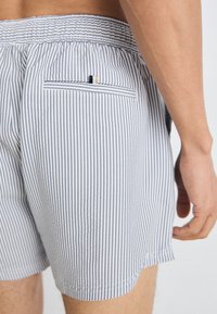 Shorts em algodão com um padrão riscado em azul e branco. Apresenta uma cintura elástica e um bolso nas costas com fecho de zíper e pequenos detalhes.