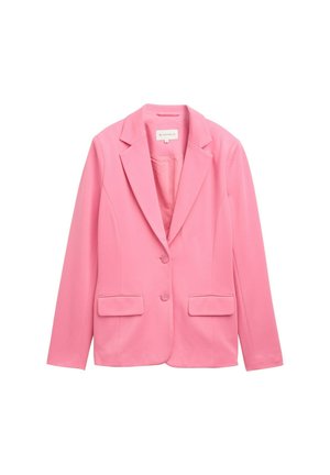 Rosa Blazer aus glattem Stoff, mit Reverskragen, zwei Knöpfen und zwei Fronttaschen. Strukturiertes, tailliertes Design.
