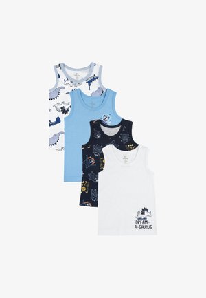 Quattro canotte per bambini: una bianca con una grafica "DREAM-A-SAURUS", una blu, una blu scuro con motivi di dinosauri e una azzurra a coste.